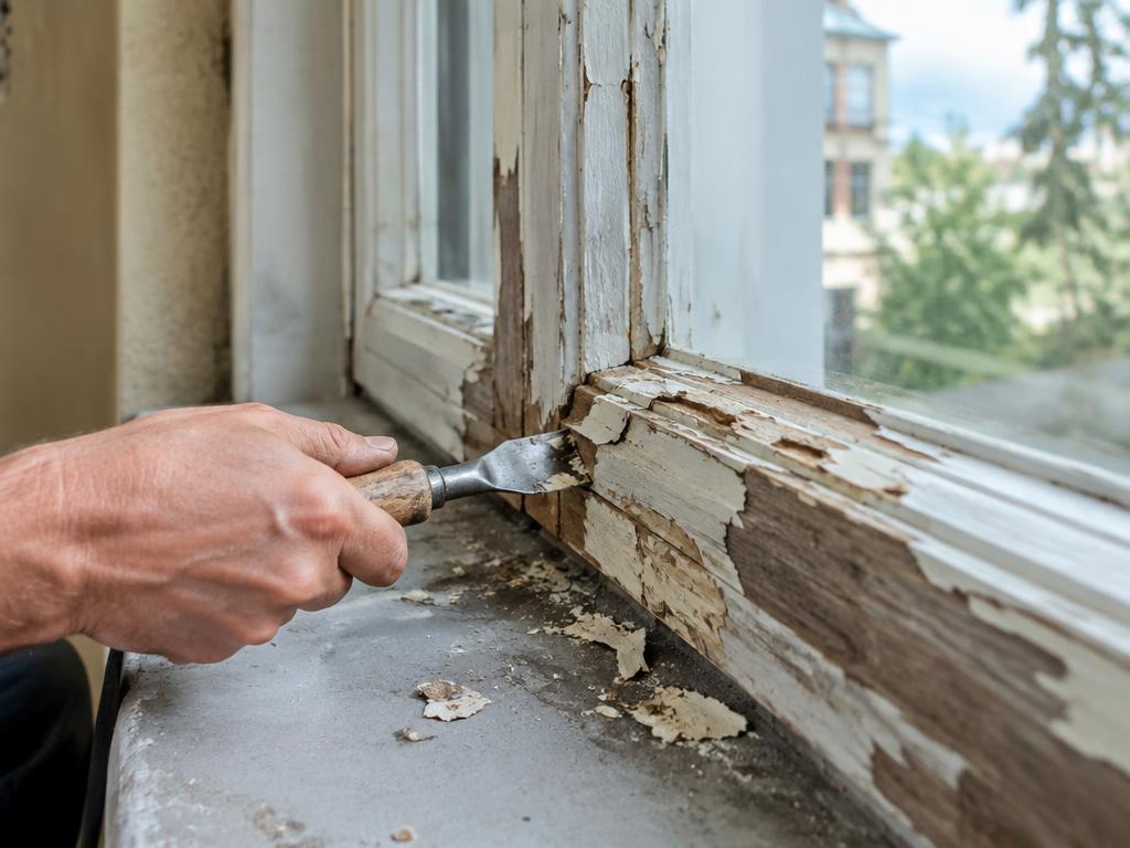 Flaking old paint on a period window frame during refurbishment