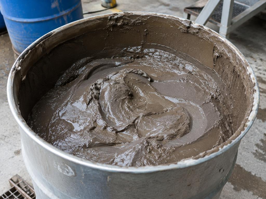 Open drum containing thick grey brown paint sludge at a production site