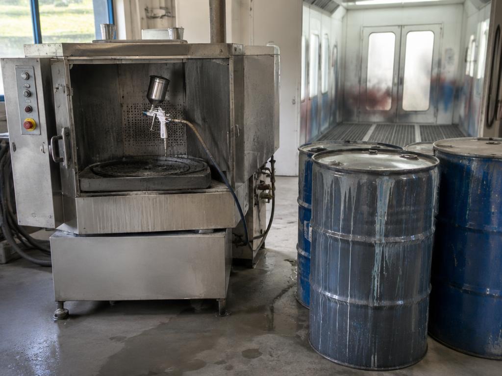 Gun wash cleaning machine and steel drums of spent thinners in a spray shop
