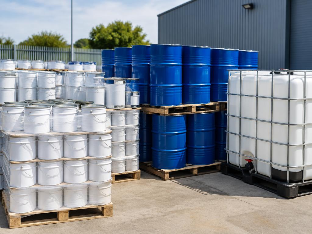 Pallets of paint tins, steel drums and an IBC container in a commercial yard