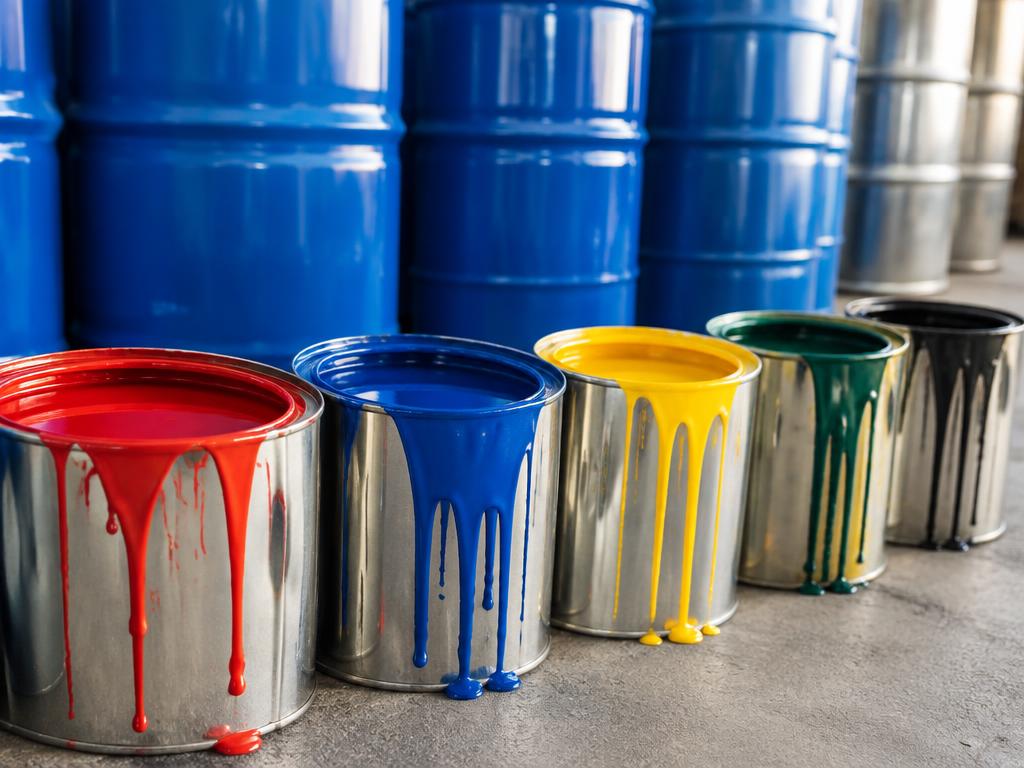 Row of dripping tins of oil based gloss paint in front of industrial coating drums