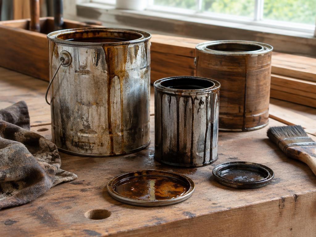 Used tins of varnish and wood stain on a joinery workbench